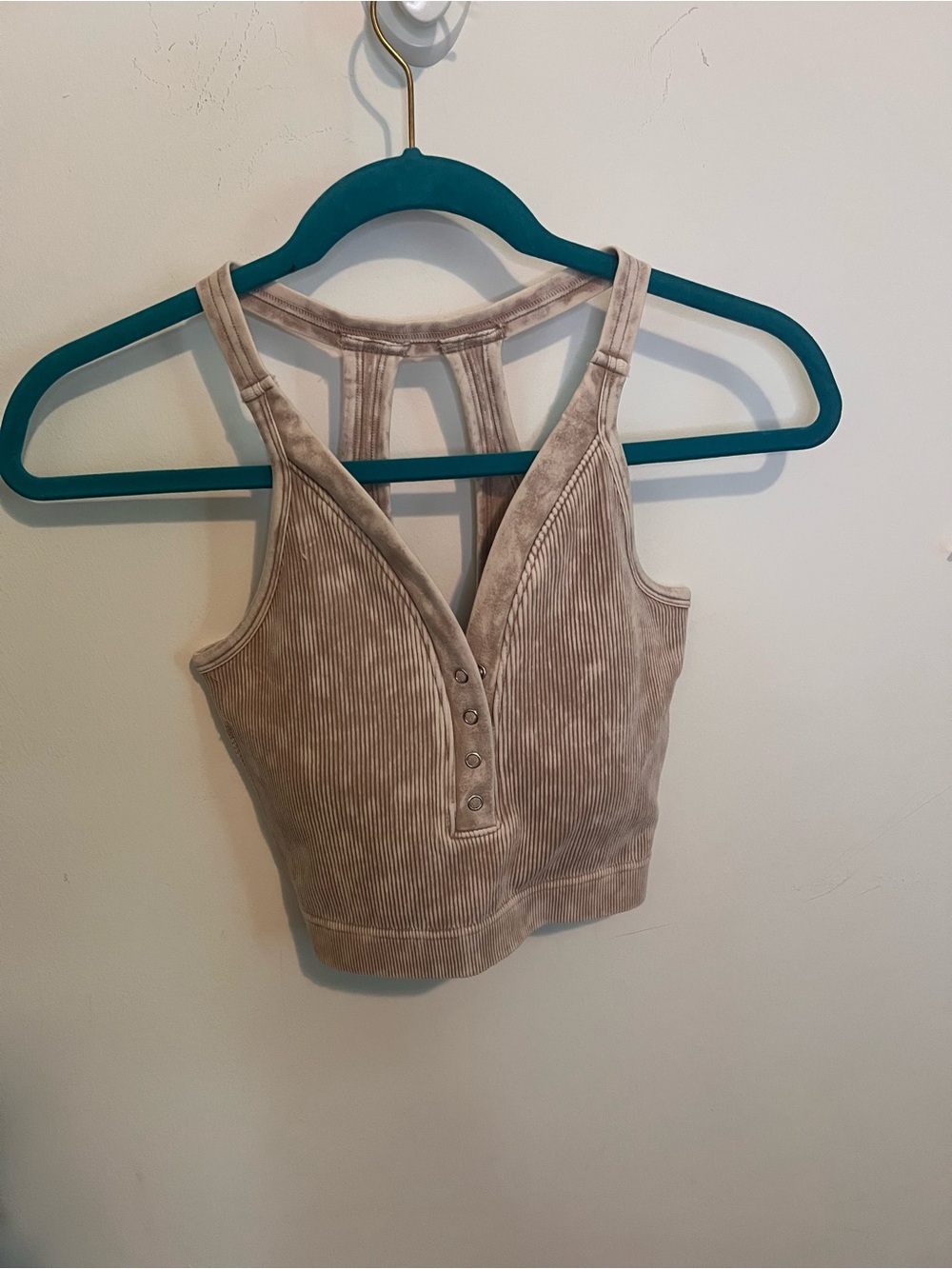 Zenana Outfitters Ribbed V-Neck Button Front Crop Top - Taupe
